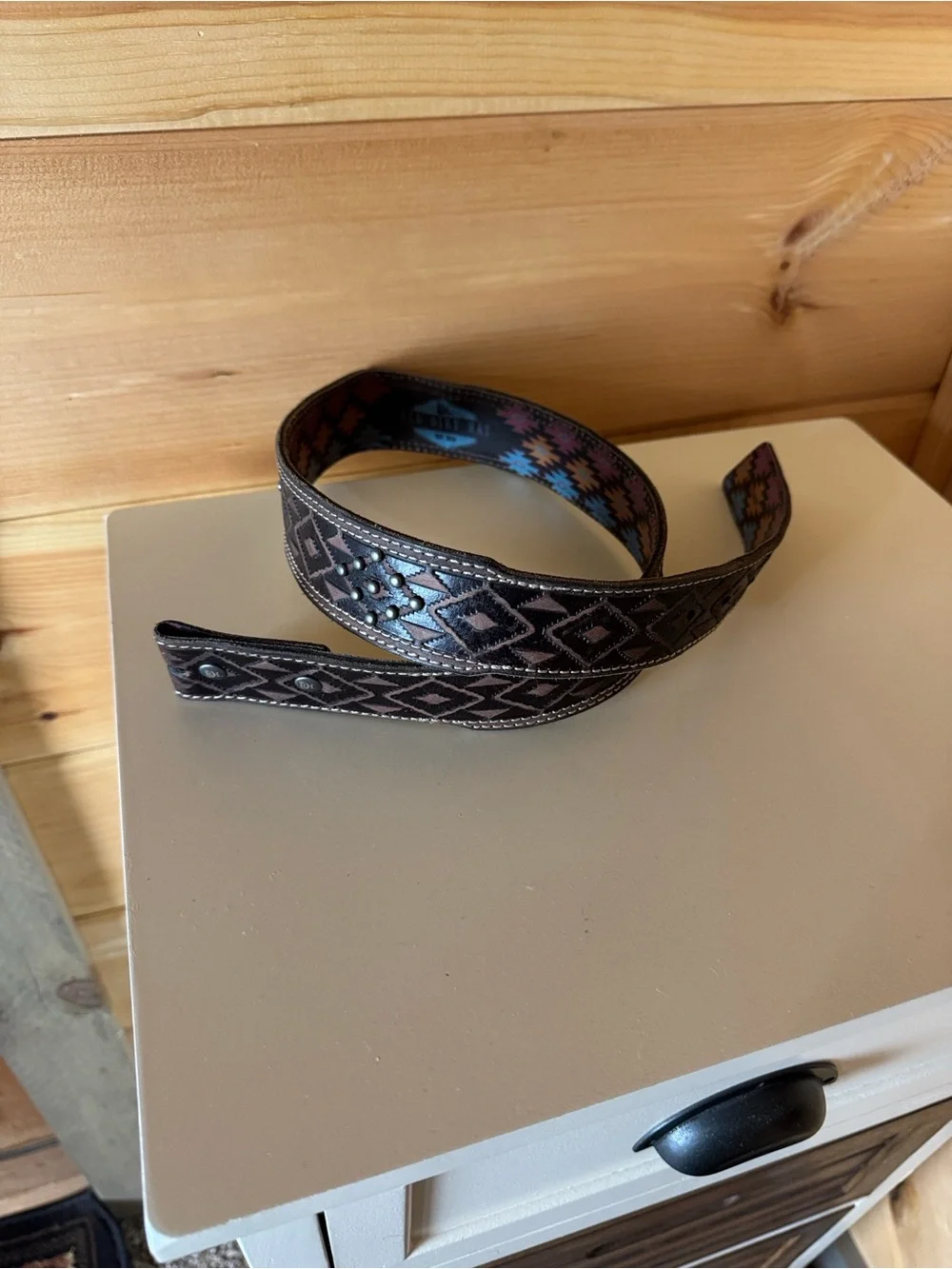 Red Dirt Hat brown tooled leather belt with old silver metal studs Size 32